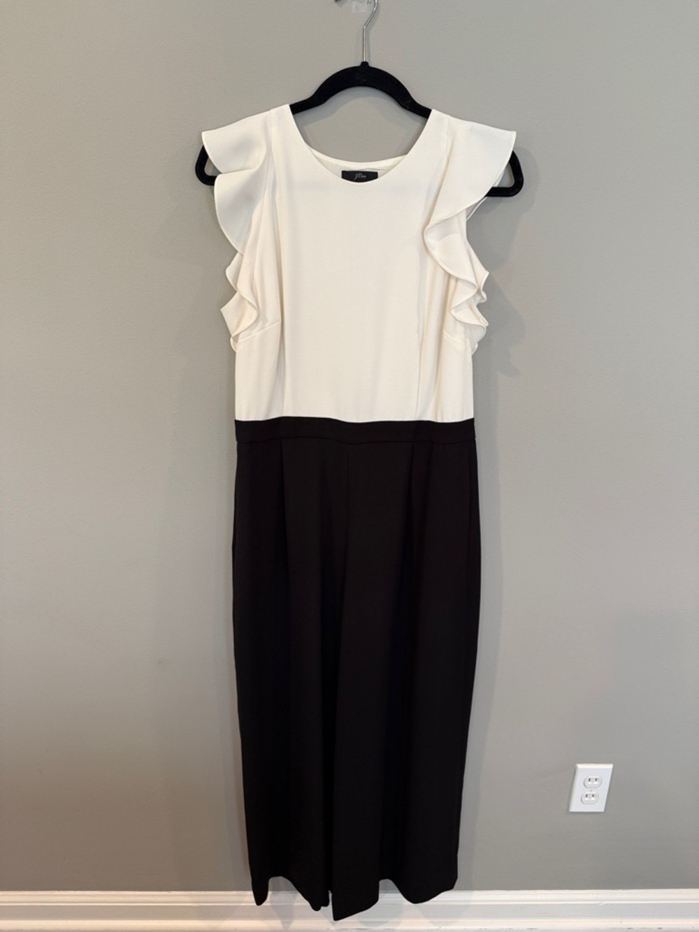 J. Crew Two-Tone Ivory and Black Ruffle Jumpsuit